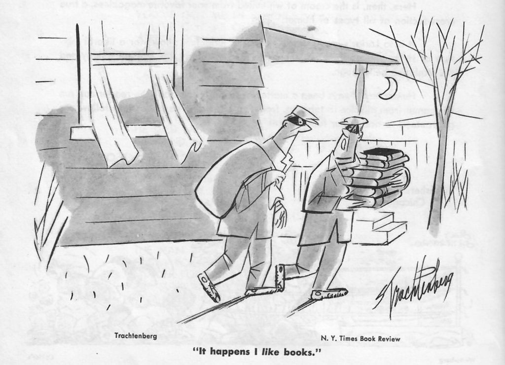 Cartoon depicting two burglars, one with a haul of books.